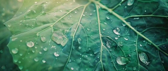 Fresh green leaf covered in dewdrops, highlighting intricate veins and texture, embodying natural beauty. - Powered by Adobe