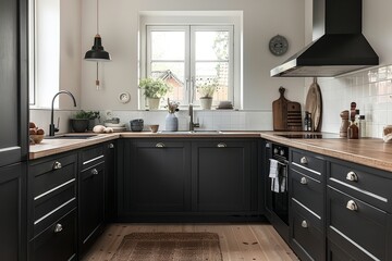 Fototapeta premium Small Danish Kitchen with Black Cabinets, Wooden Floor, White Walls, and Garden View through Window, Modern Design with Rug and Pendant Light