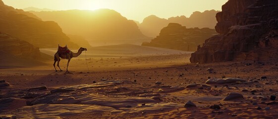 A lone camel wanders through a vast desert landscape at sunset, bathed in golden light amidst towering rock formations.