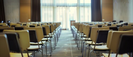 Rows of empty chairs in a well-lit conference hall, with a podium at the front, awaiting audiences for an upcoming event, exuding a sense of anticipation and preparedness.