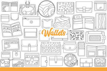 Women wallets made of genuine leather and dermantine, for storing cash bills and bank cards. Lady wallets with compartments for business cards or coins are designed to decorate image. Hand drawn.
