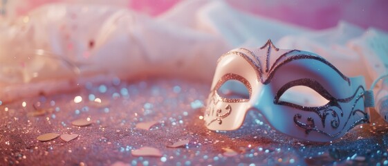 An intricately designed white masquerade mask rests on a glittering surface, backlit by soft pastels, hinting at a night filled with elegance, mystery, and allure.