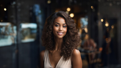 A beautiful brunette model with a healthy complexion and a warm smile is pictured against a clean studio background. Her professional appearance and natural beauty