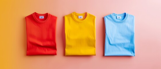 Three folded t-shirts in red, yellow, and blue on a gradient background symbolize vibrant, essential wardrobe choices and cheerful simplicity.