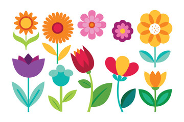  Beautiful set of Showcasing an assortment of flowers, featuring diverse shapes and vibrant colors isolated flat vector set illustration white background.