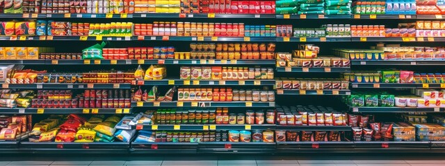 Supermarket aisle with packaged and canned goods on shelves
