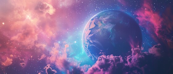 Naklejka premium Against a dreamy, star-filled cosmic backdrop, Earth radiates with vibrant colors, symbolizing the enigmatic and boundless beauty of the universe.