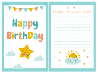 a set of baby shower cards with cute clouds, stars and a sun