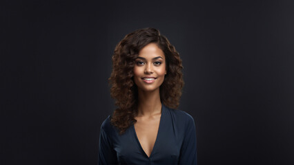 A beautiful brunette model with a healthy complexion and a warm smile is pictured against a clean studio background