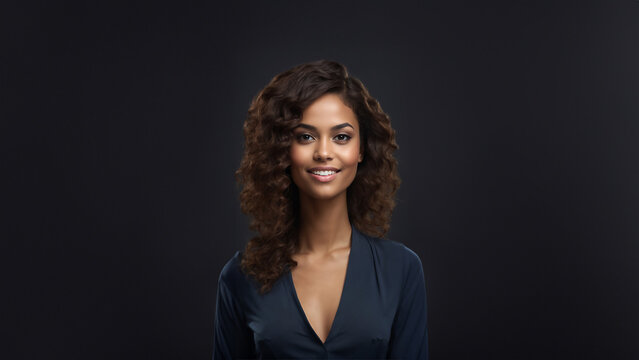 A beautiful brunette model with a healthy complexion and a warm smile is pictured against a clean studio background
