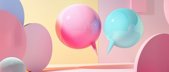 Minimalist abstract art depicting a pastel pink and blue floating spheres with speech bubbles on a soft gradient background.