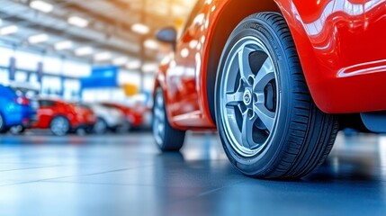 Obraz premium Closeup New Car Wheel Parked Dealership. Modern Transportation Background, 85 Up to 100