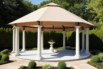 Elegant Beige Canopy Gazebo with Four Pillars and Grand Entrance for Stunning Garden Design