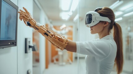 Woman using virtual reality glasses controlling robotic arm in laboratory