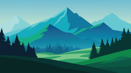 Mountain scene with verdant trees and grassy areas, highlighting the tranquility of the outdoors