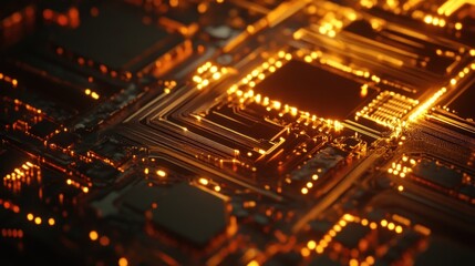 Obraz premium Abstract Closeup of a Circuit Board with Warm Glowing Lights