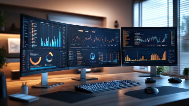 Modern workplace setup showing financial data on multiple monitors