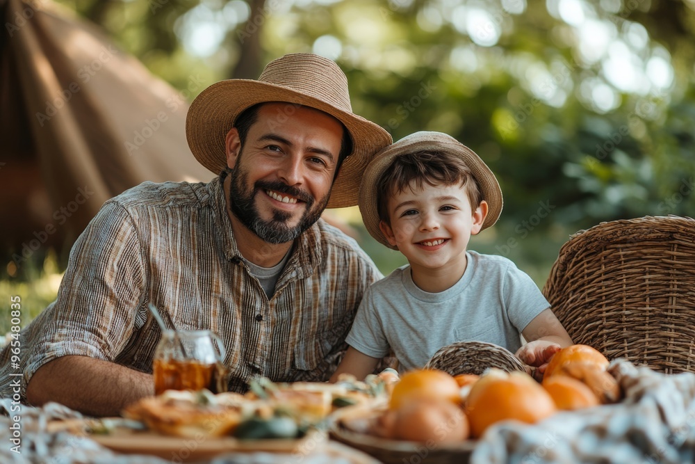 Wall mural dad and little son having picnic, generative ai