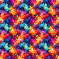 Abstract painting with a repeatable pattern of colorful swirling flower shapes.