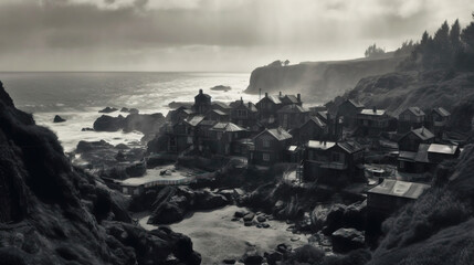 Fantastic fairytale house by the sea, rustic fisherman style. AI generated.