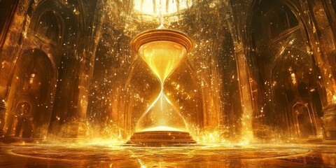 Golden hourglass in a glowing, ornate hall.