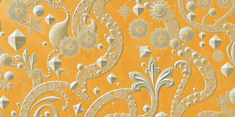 Abstract white patterns on a yellow background.