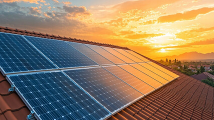 Grosses Solarmodul auf Dach bei Sonnenuntergang