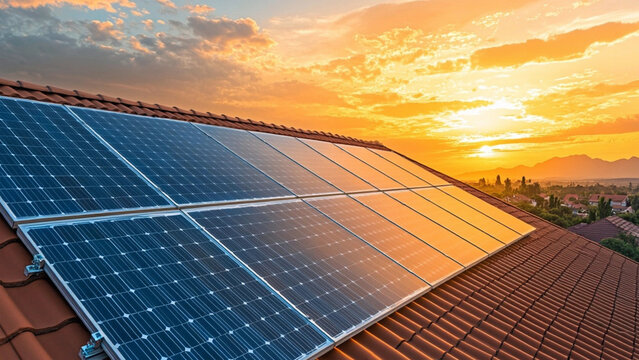 Grosses Solarmodul auf Dach bei Sonnenuntergang