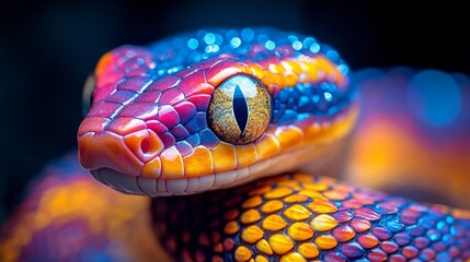 Fototapeta premium Colorful snake with vibrant scales and piercing eye close-up. Exotic wildlife and nature concept