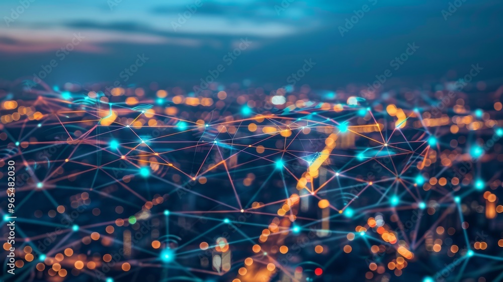 Poster a cityscape with skyscrapers and visible wireless network connections in the sky