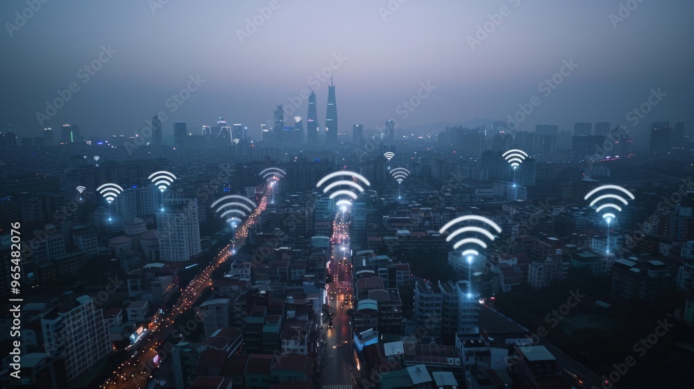 Poster a cityscape with skyscrapers and visible wireless network connections in the sky
