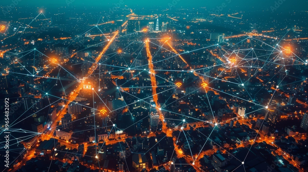 Poster a cityscape with skyscrapers and visible wireless network connections in the sky