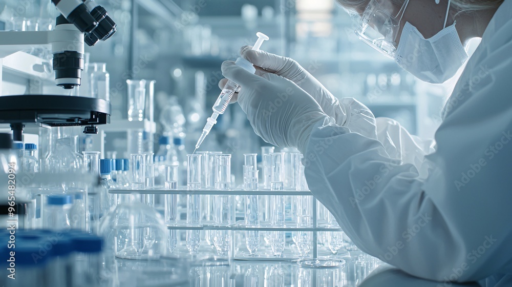 Poster close-up of scientist injecting a solution into bioengineered cells, high-tech laboratory setting