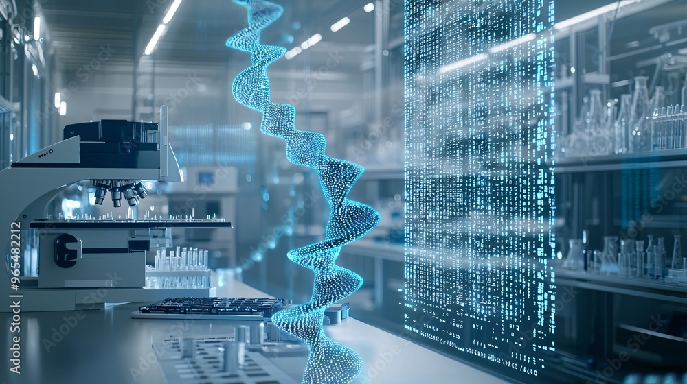 Poster dna sequencing machine at work in a sterile lab, glowing with digital data streams