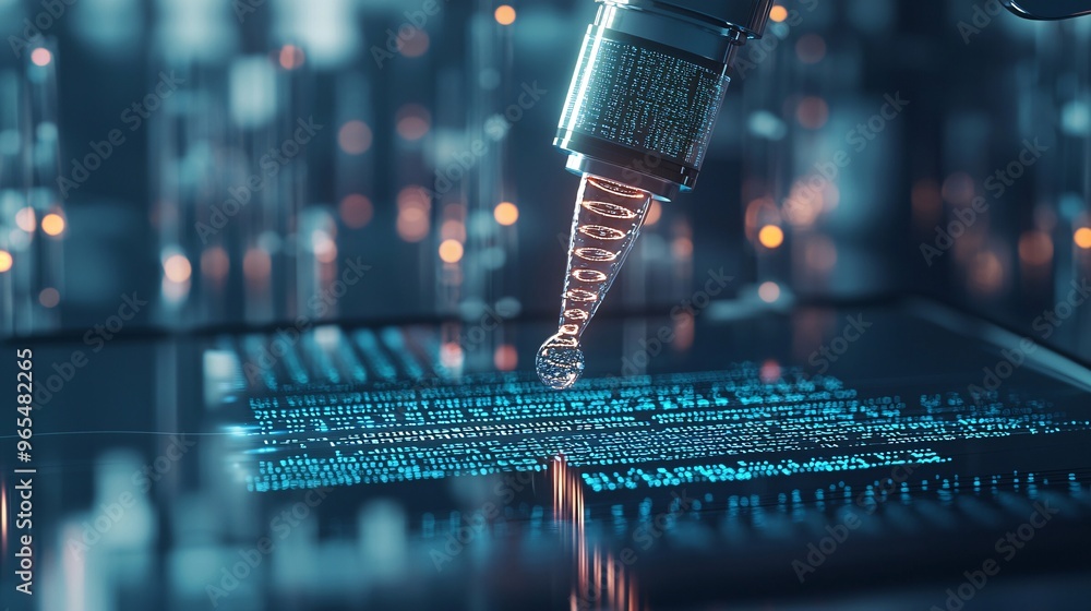 Poster dna sequencing machine at work in a sterile lab, glowing with digital data streams