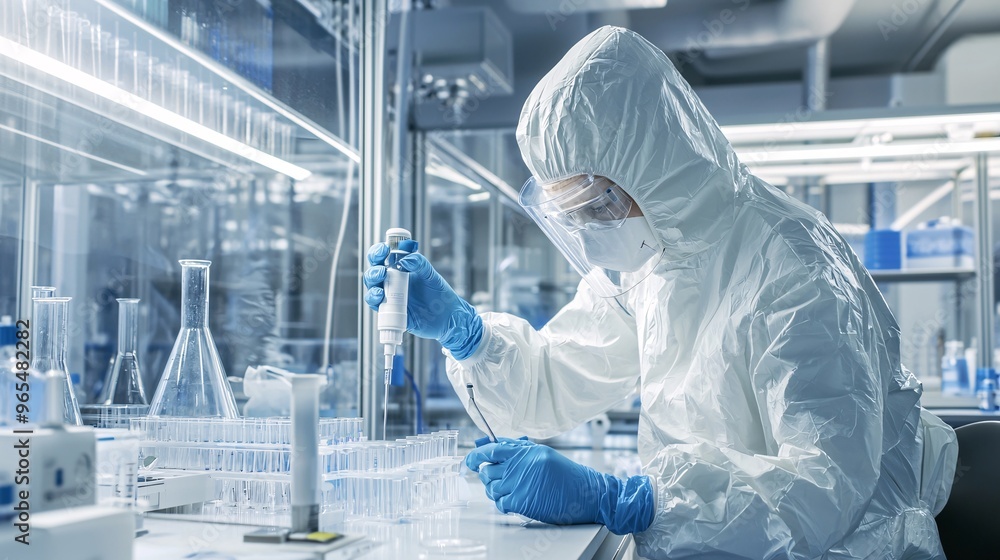 Poster lab technician in protective gear handling advanced gene-editing tools in a biotechnology lab