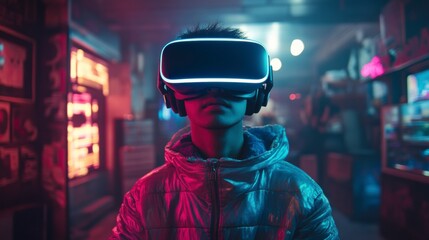 Young man exploring virtual reality in cyberpunk arcade
