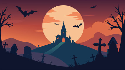 Spooky Halloween background featuring bats flying over a dark graveyard, evoking a sense of horror and mystery, flat vector illustration