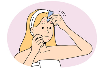 Woman in bathrobe apply cream on pimples on face. Unhappy girl treat redness struggle with facial problems. Skincare and beauty. Vector illustration.