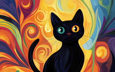 Vibrant and colorful digital artwork of a black cat with heterochromia, featuring abstract swirling patterns in the background.