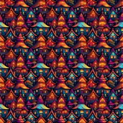 Naklejka premium Repeatable pattern of colorful houses with windows and lights against a dark background.