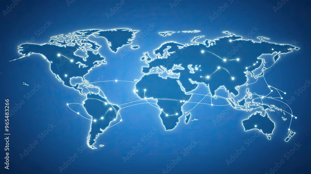 Poster a world map designed with glowing connections highlights the global network of digital technology, i