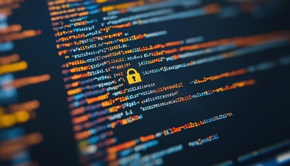 Fototapeta premium Cyber Security Lock on Programming Code, Digital Software Development and Protection Concept.