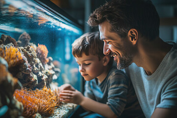 Father and son watching fish in aquarium at home sharing happy moments and learning about nature. Smiling father showing love to child in peaceful living room scene
