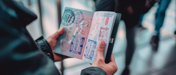 Hands holding an open passport displaying colorful entry and exit stamps amidst a busy terminal.