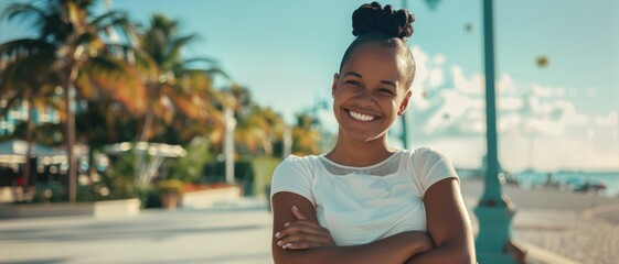 A smiling woman stands confidently outdoors, framed by palm trees, with a clear blue sky and beachside promenade in the background.