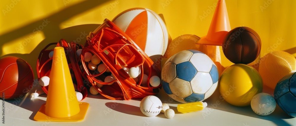 Wall mural an array of assorted sports balls and cones against a bright, yellow background, creating a cheerful
