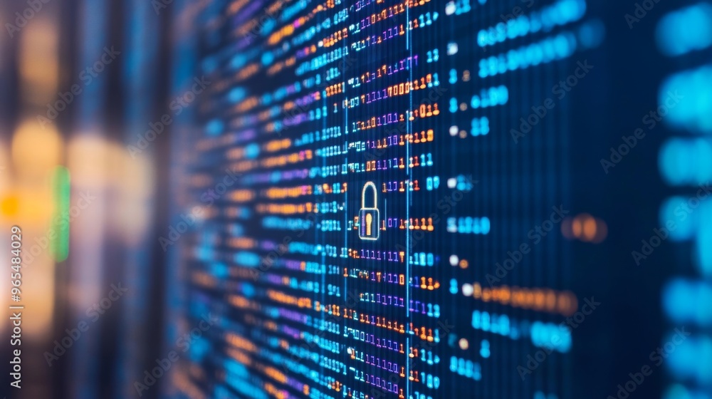 Poster cybersecurity lock on code display, digital security, data protection, encryption, network safety