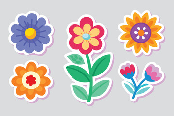 Vibrant sticker featuring an array of colorful flowers, showcasing a lively and cheerful design isolated flat vector set illustration