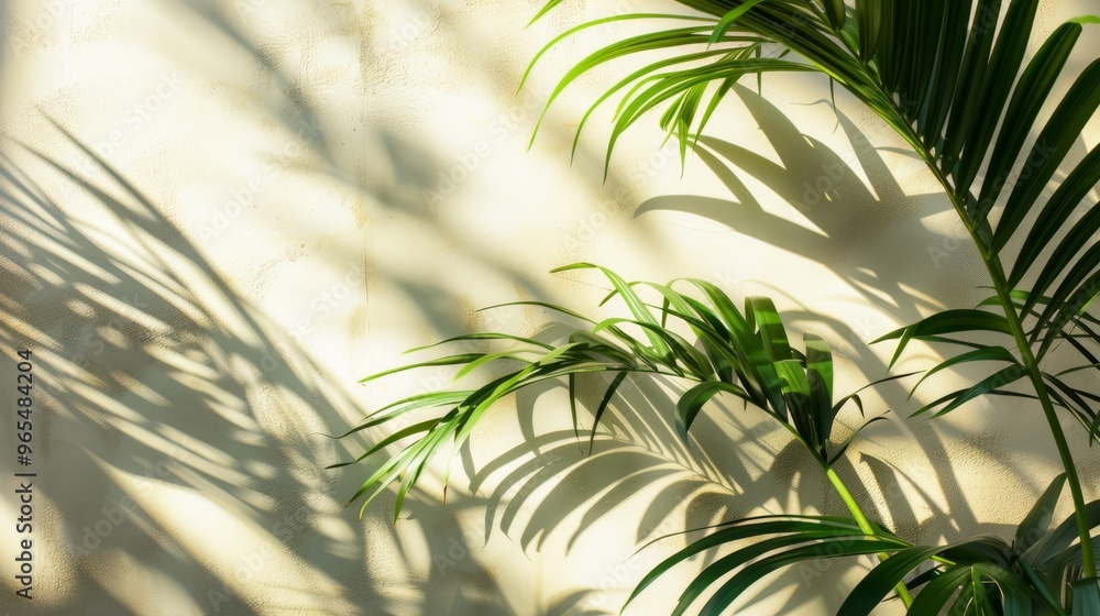 Poster brightly lit palm leaves with soft shadows on neutral background